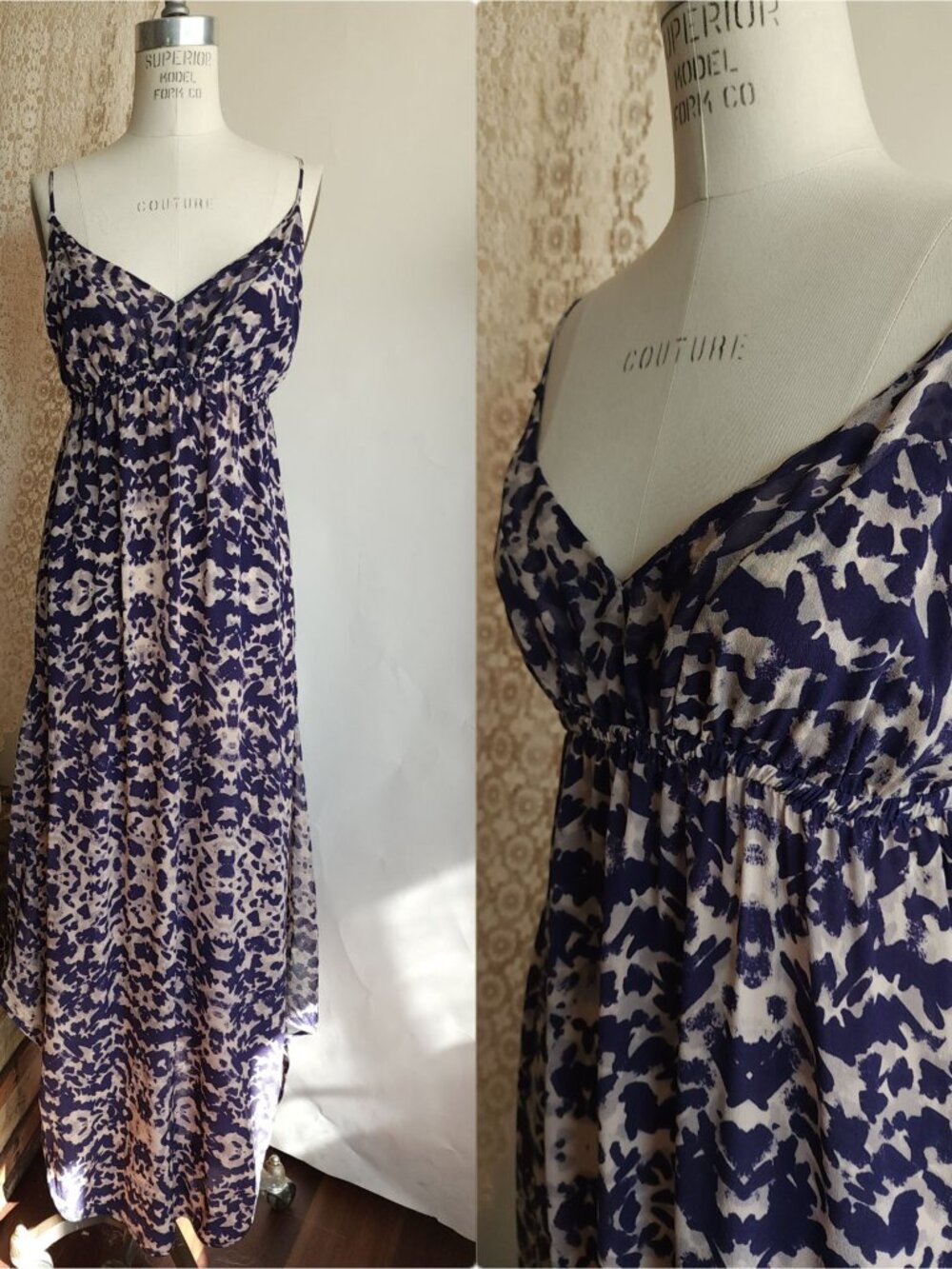 Gypsy 05 Silk Maxidress. Size Medium, Blue and Cream Ikat, Asymetrical Hem